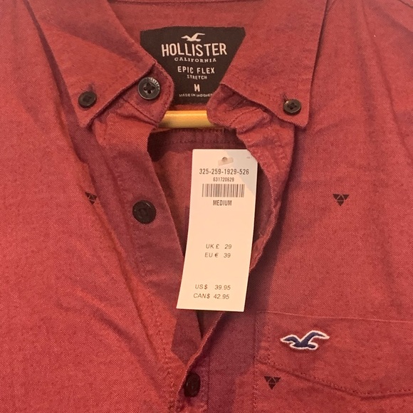 New, never-worn men's size medium Hollister Epic Flex Red button-up shirt. - Picture 2 of 4